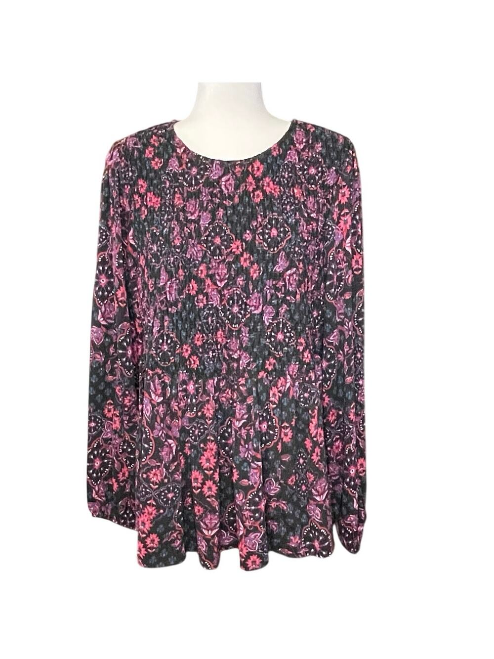 Torrid Smocked Peplum Floral Blouse Women's 14/16 Black & Pink